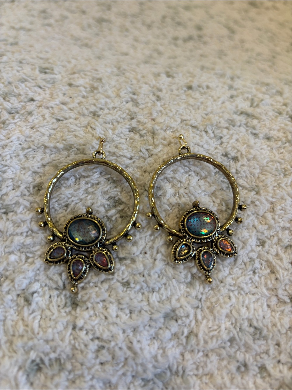 Bohemian Gold Hoop Earrings with Iridescent Opal Accents NWT 2x1.5”